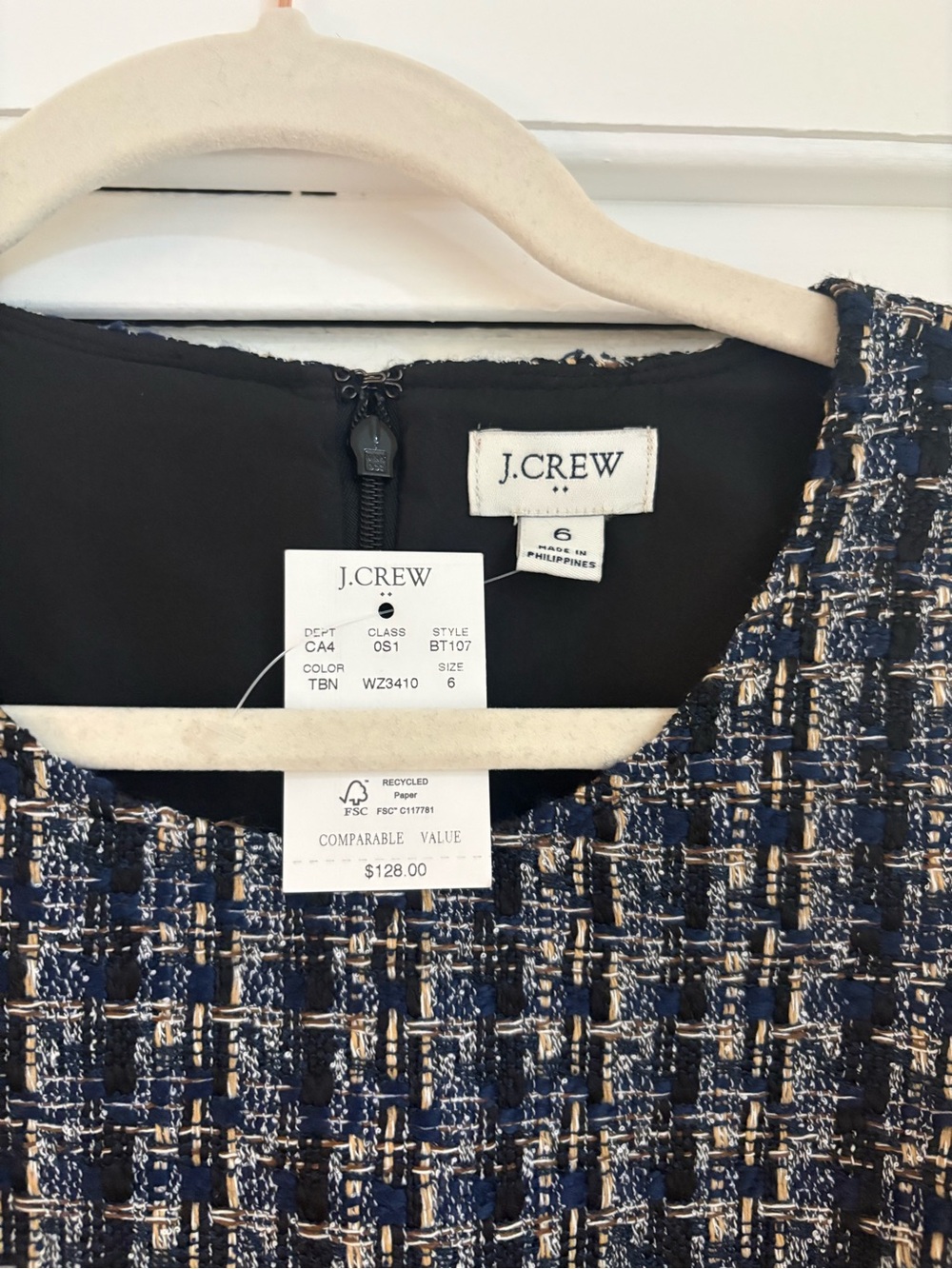 J.Crew Navy & Cream Tweed Sleeveless Shift Dress Size 6 NWT - Picture 2 of 7